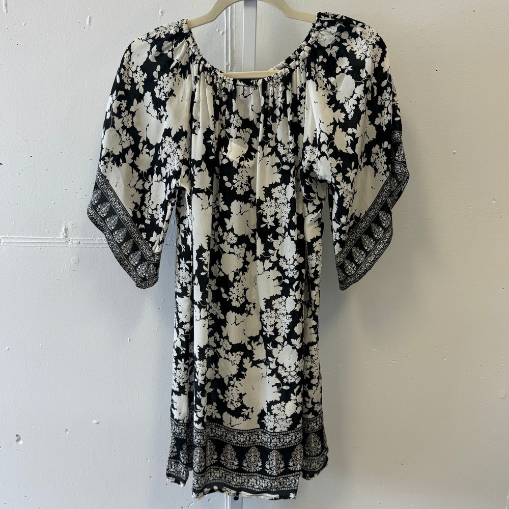 Tolani Silk Floral Tunic Dress Black White Kimono Sleeve Small Boho Resort